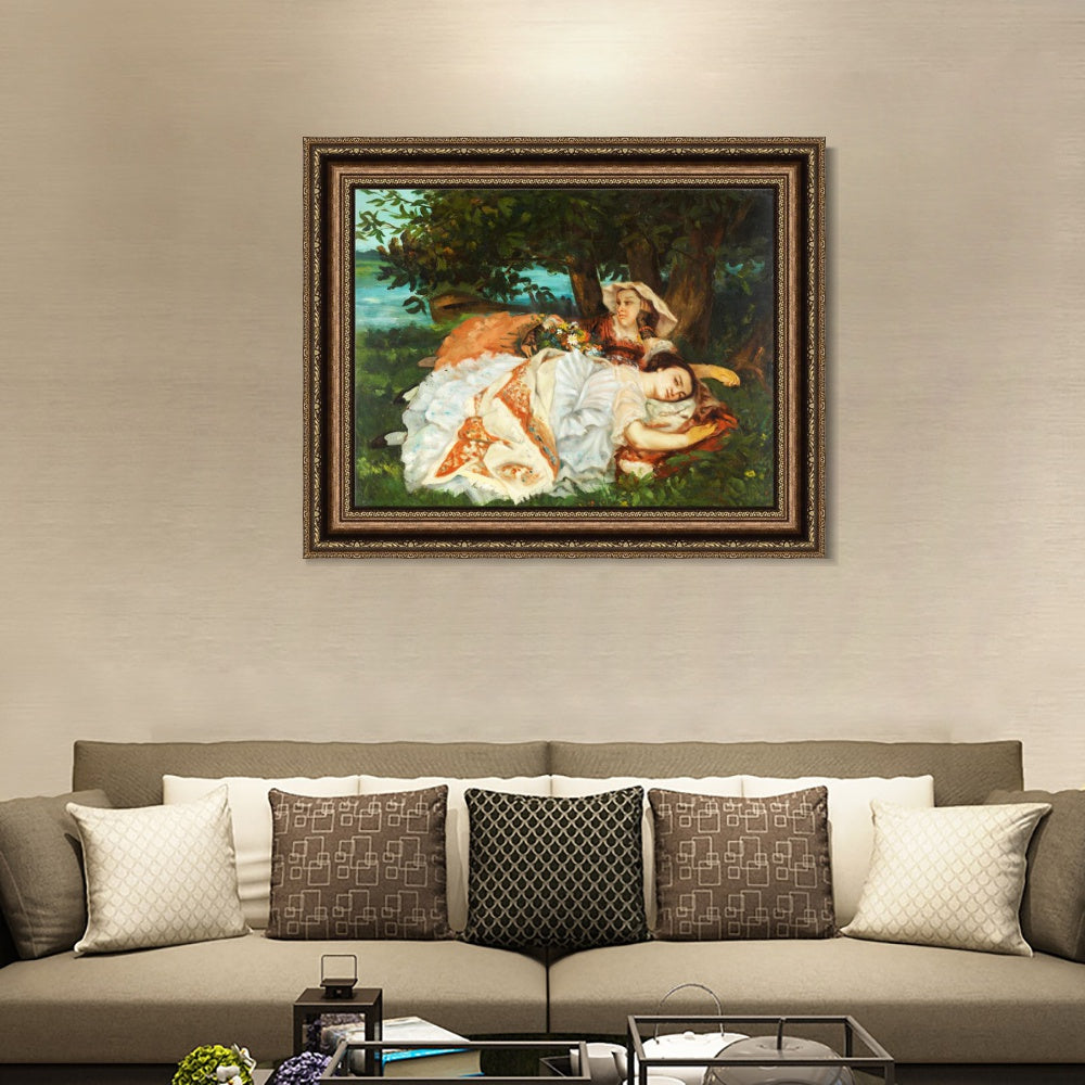 INVIN ART Framed Canvas Art Giclee Print Fanciulle sulla riva della Senna (1857) by Gustave Courbet Wall Art