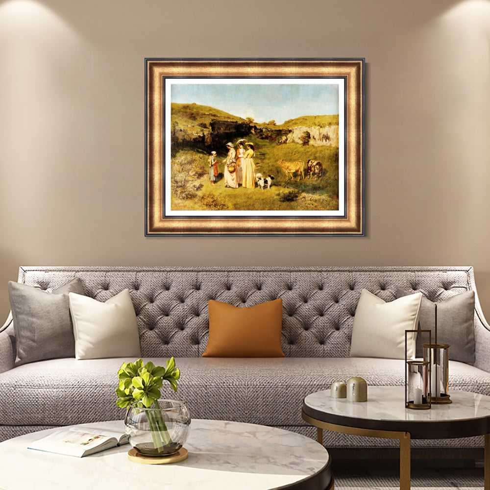INVIN ART Framed Canvas Art Giclee Fanciulle del villaggio (1851) by Gustave Courbet Wall Art
