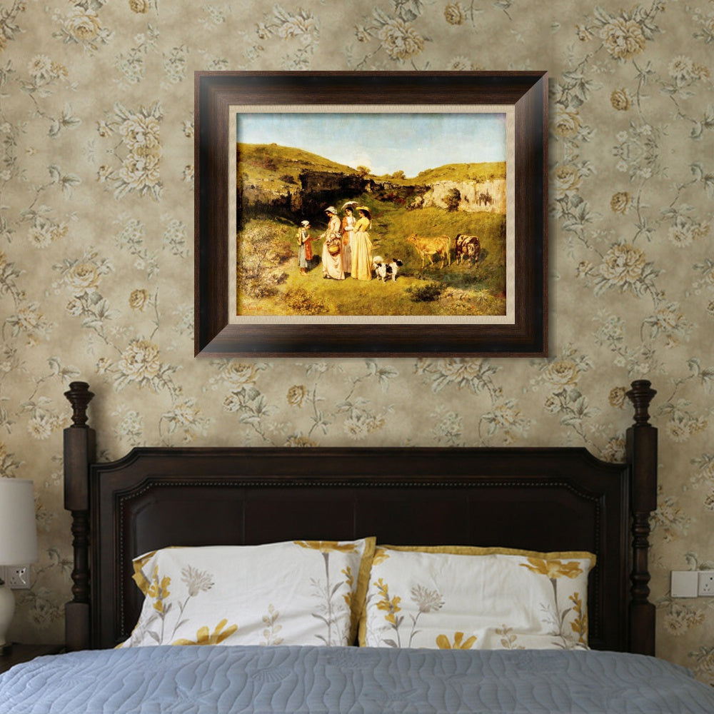 INVIN ART Framed Canvas Art Giclee Fanciulle del villaggio (1851) by Gustave Courbet Wall Art