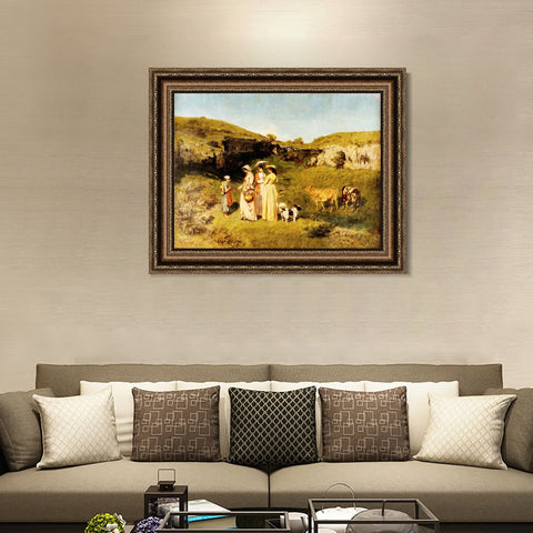 INVIN ART Framed Canvas Art Giclee Fanciulle del villaggio (1851) by Gustave Courbet Wall Art Living Room Home Office Decorations