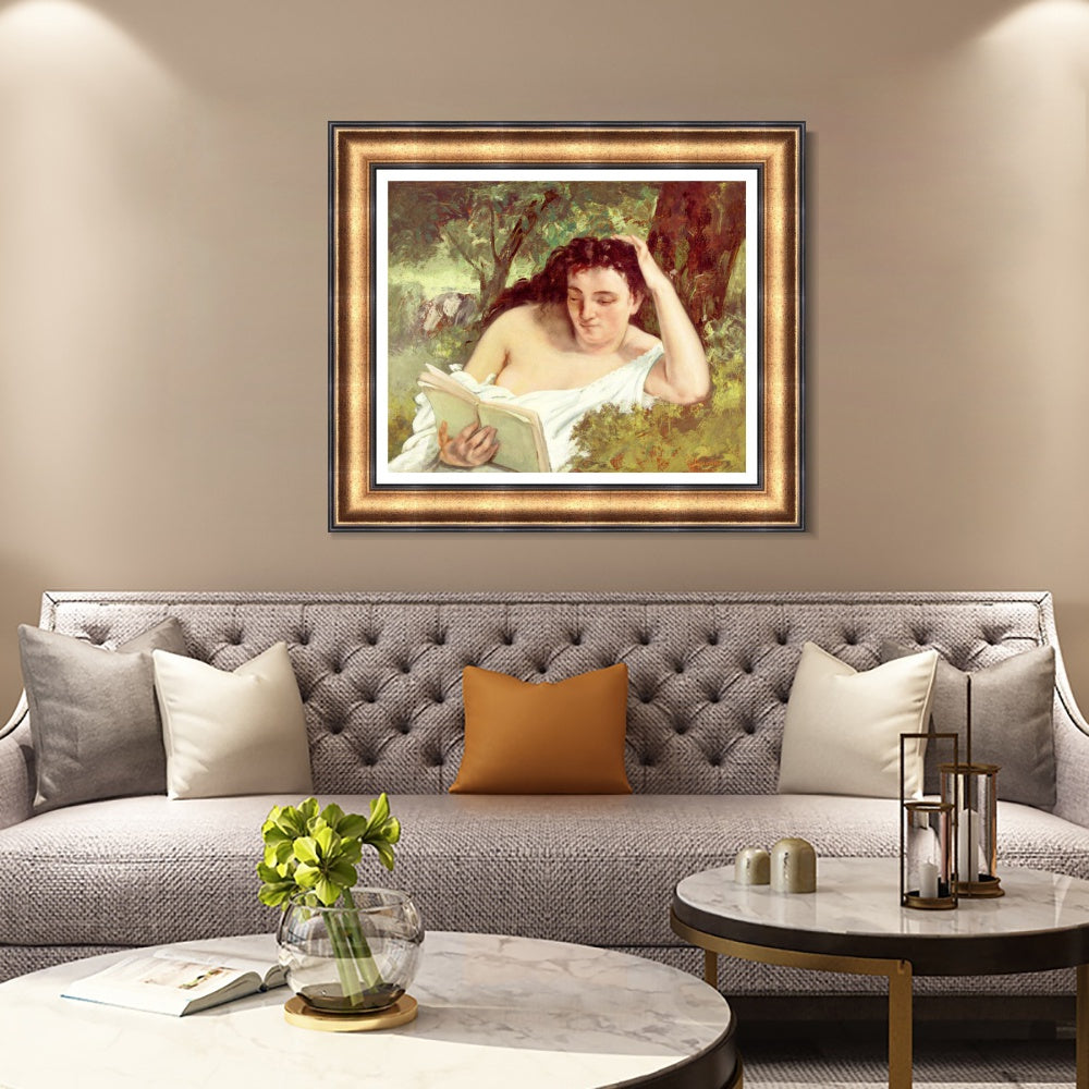 INVIN ART Framed Canvas Art Giclee Print A Young Woman Reading, c. 1866-1868 by Gustave Courbet Wall Art