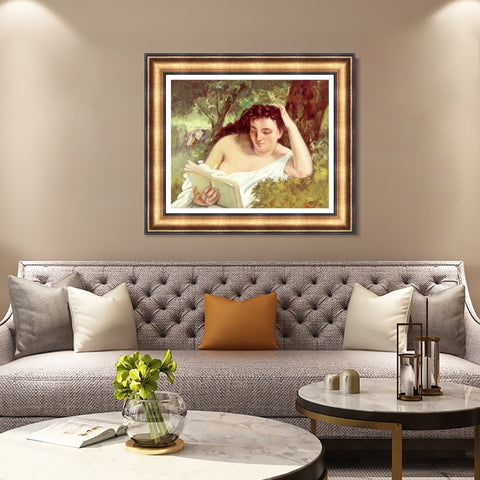 INVIN ART Framed Canvas Art Giclee Print A Young Woman Reading, c. 1866-1868 by Gustave Courbet Wall Art Living Room Home Office Decorations
