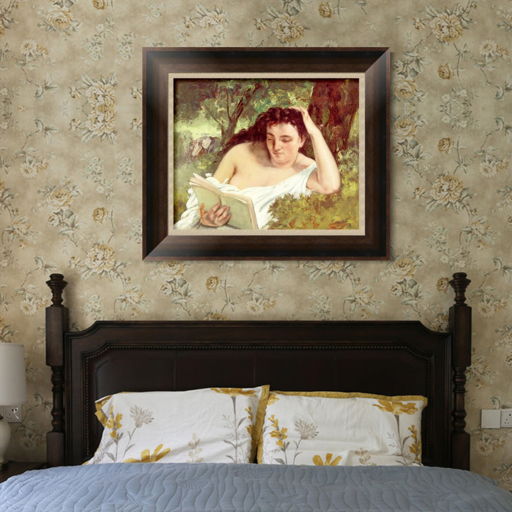 INVIN ART Framed Canvas Art Giclee Print A Young Woman Reading, c. 1866-1868 by Gustave Courbet Wall Art