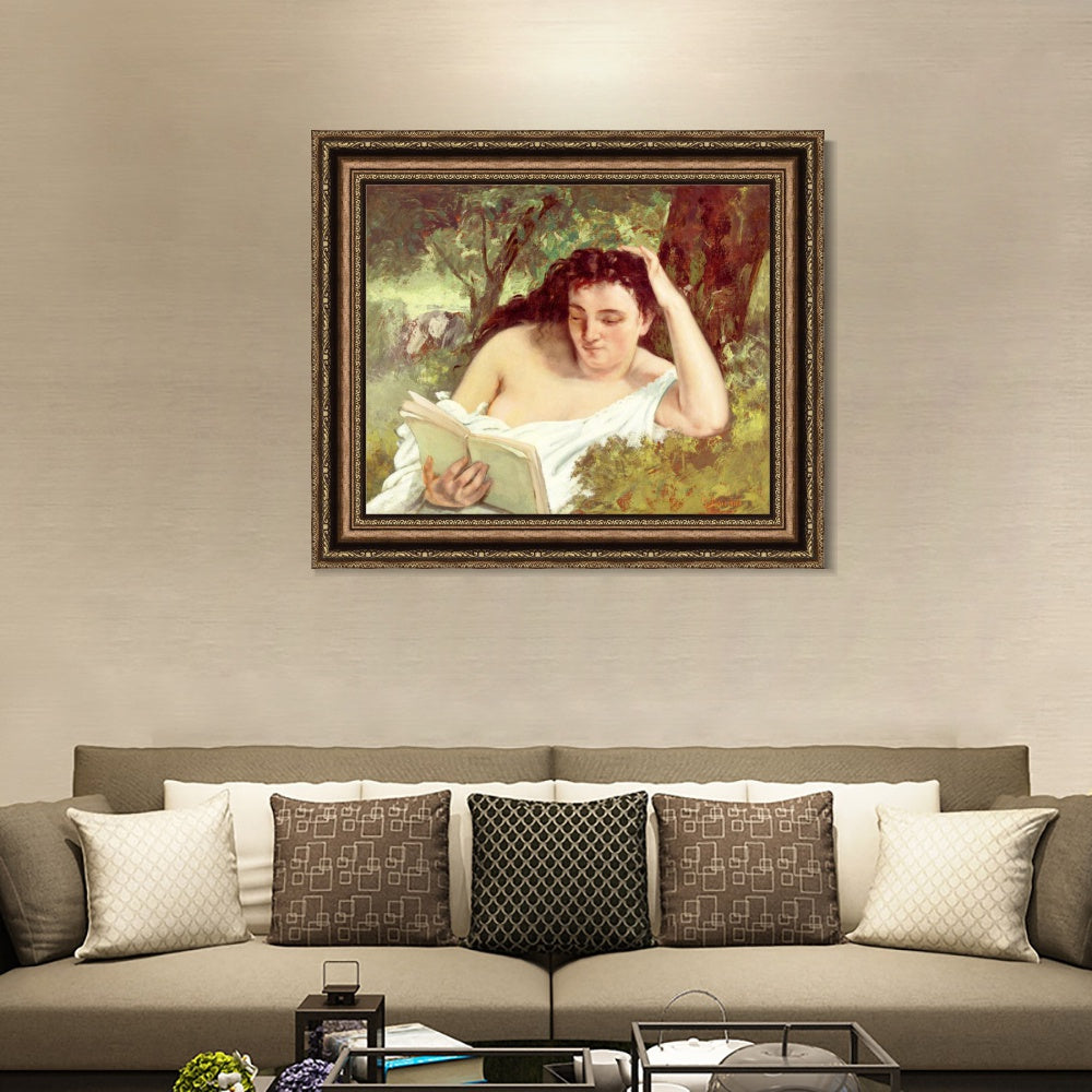 INVIN ART Framed Canvas Art Giclee Print A Young Woman Reading, c. 1866-1868 by Gustave Courbet Wall Art