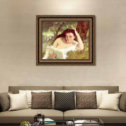 INVIN ART Framed Canvas Art Giclee Print A Young Woman Reading, c. 1866-1868 by Gustave Courbet Wall Art Living Room Home Office Decorations