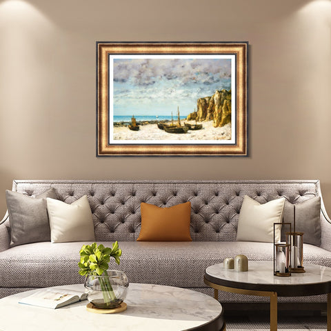 INVIN ART Framed Canvas Art Giclee Print Boats on a beach by Gustave Courbet Wall Art Living Room Home Office Decorations