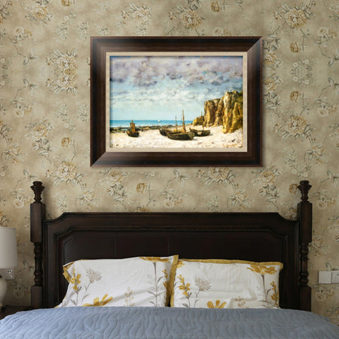 INVIN ART Framed Canvas Art Giclee Print Boats on a beach by Gustave Courbet Wall Art Living Room Home Office Decorations