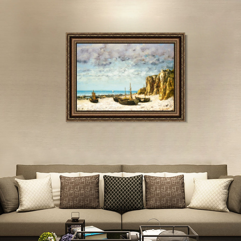 INVIN ART Framed Canvas Art Giclee Print Boats on a beach by Gustave Courbet Wall Art