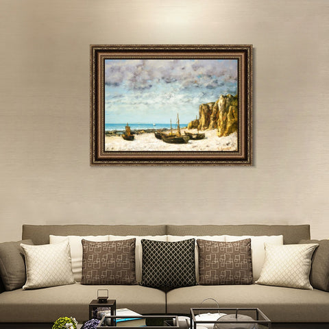 INVIN ART Framed Canvas Art Giclee Print Boats on a beach by Gustave Courbet Wall Art Living Room Home Office Decorations