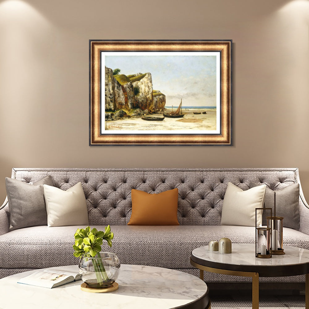 INVIN ART Framed Canvas Art Giclee Print Beach in Normandy by Gustave Courbet Wall Art (European Retro Golden Frame with Mat,28"x40")