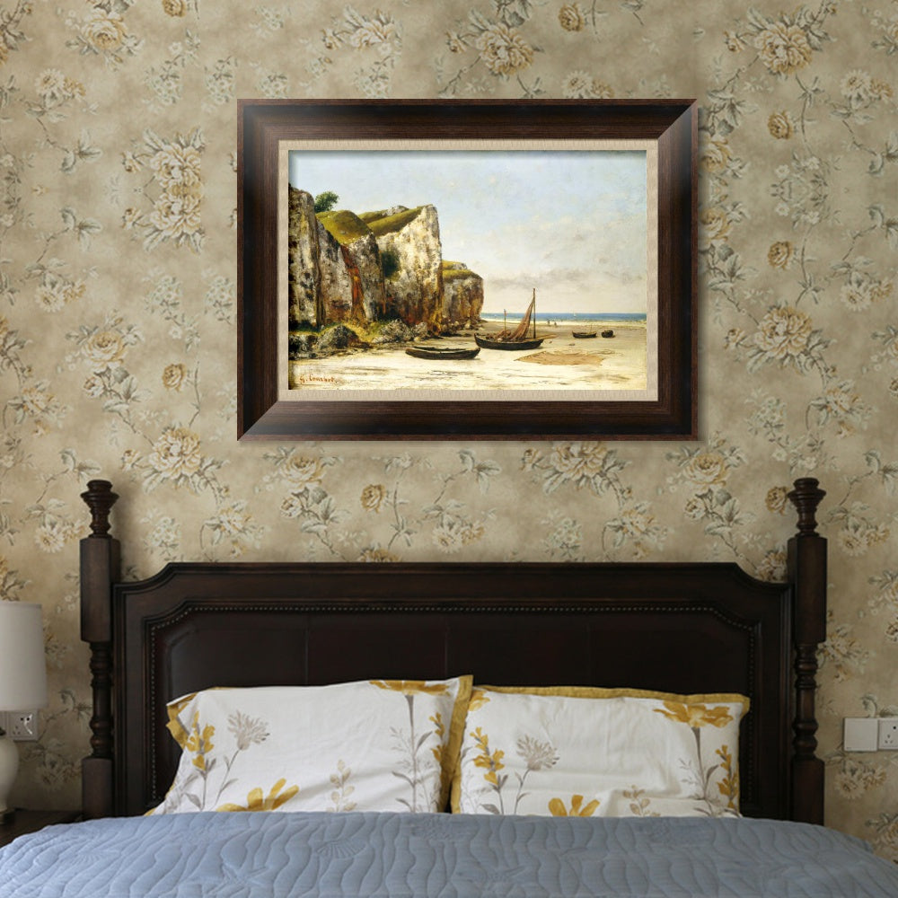 INVIN ART Framed Canvas Art Giclee Print Beach in Normandy by Gustave Courbet Wall Art (European Retro Golden Frame with Mat,28"x40")