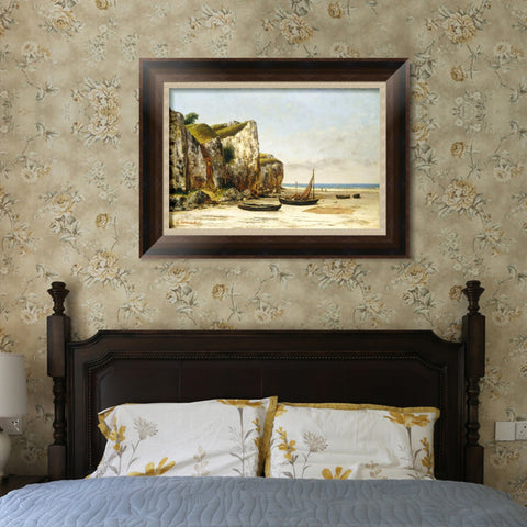 INVIN ART Framed Canvas Art Giclee Print Beach in Normandy by Gustave Courbet Wall Art Living Room Home Office Decorations(European Retro Golden Frame with Mat,28"x40")