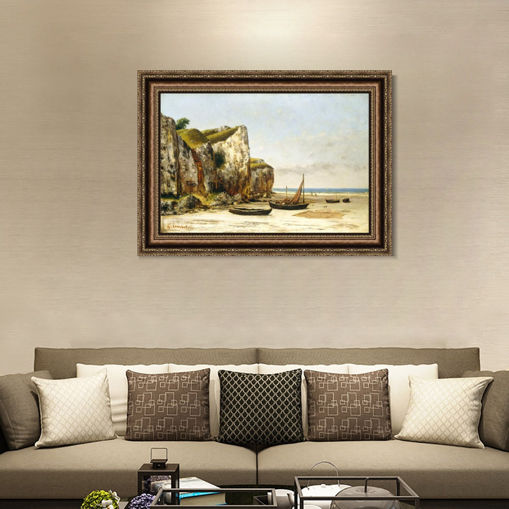 INVIN ART Framed Canvas Art Giclee Print Beach in Normandy by Gustave Courbet Wall Art (European Retro Golden Frame with Mat,28"x40")