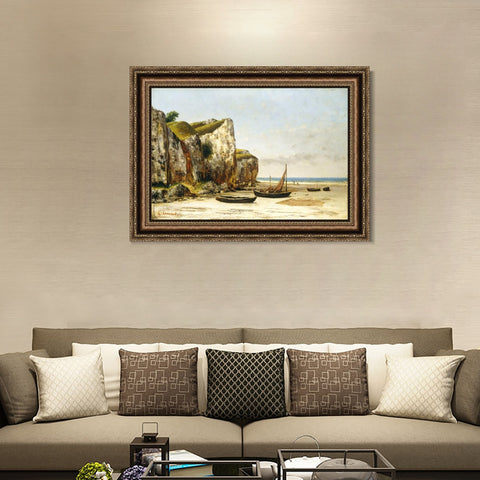 INVIN ART Framed Canvas Art Giclee Print Beach in Normandy by Gustave Courbet Wall Art Living Room Home Office Decorations(European Retro Golden Frame with Mat,28"x40")