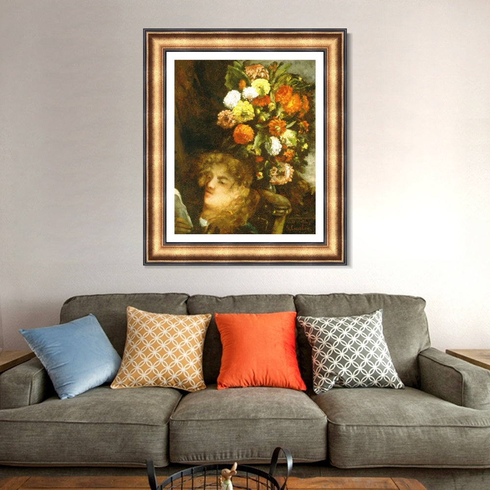 INVIN ART Framed Canvas Art Giclee Print Head of a Woman with Flowers by Gustave Courbet Wall Art