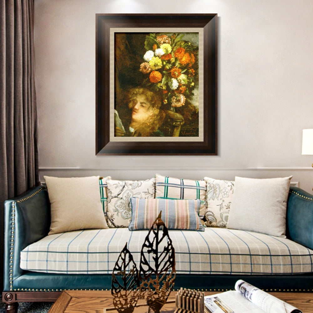 INVIN ART Framed Canvas Art Giclee Print Head of a Woman with Flowers by Gustave Courbet Wall Art
