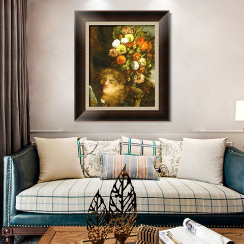 INVIN ART Framed Canvas Art Giclee Print Head of a Woman with Flowers by Gustave Courbet Wall Art Living Room Home Office Decorations