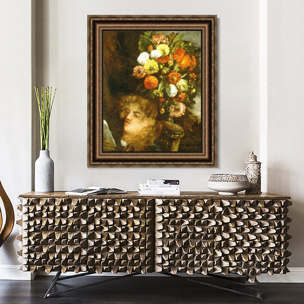 INVIN ART Framed Canvas Art Giclee Print Head of a Woman with Flowers by Gustave Courbet Wall Art