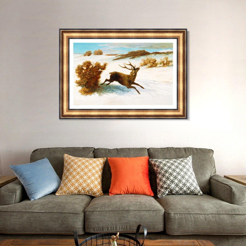 INVIN ART Framed Canvas Art Giclee Print The deer running in the snow by Gustave Courbet Wall Art
