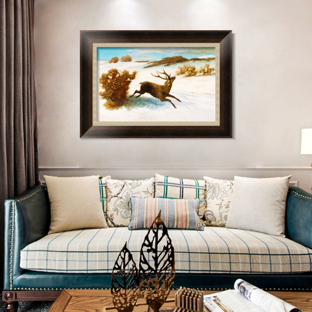 INVIN ART Framed Canvas Art Giclee Print The deer running in the snow by Gustave Courbet Wall Art