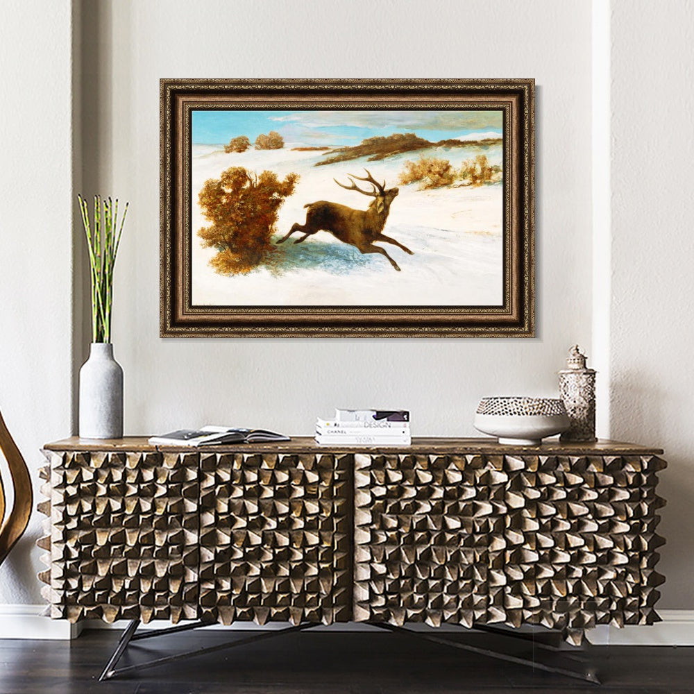 INVIN ART Framed Canvas Art Giclee Print The deer running in the snow by Gustave Courbet Wall Art