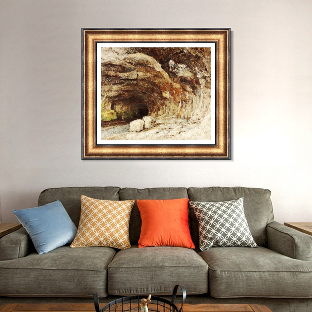INVIN ART Framed Canvas Art Giclee Print Grotto of Sarrazine near Nans sous Sainte Anne by Gustave Courbet Wall Art (Vintage Embossed Gold frame,24"x24")