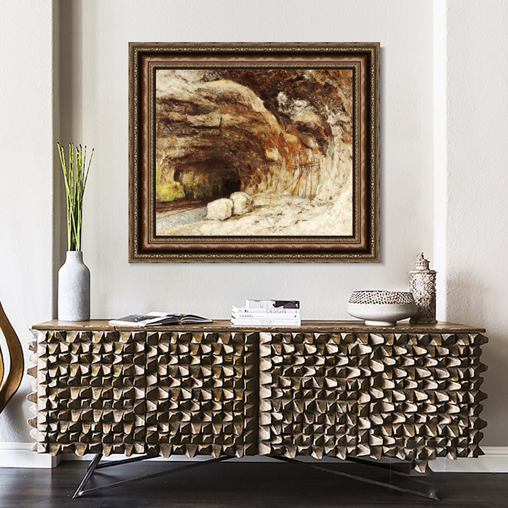 INVIN ART Framed Canvas Art Giclee Print Grotto of Sarrazine near Nans sous Sainte Anne by Gustave Courbet Wall Art (Vintage Embossed Gold frame,24"x24")