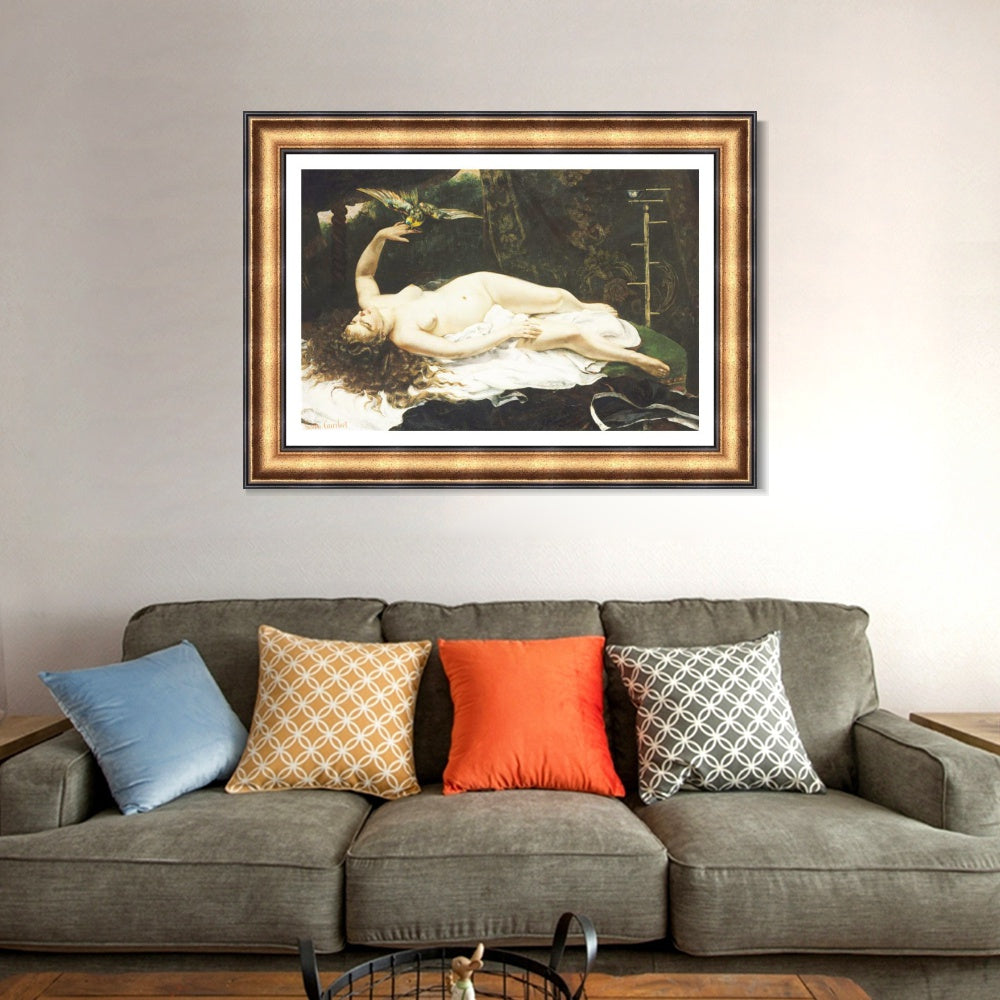 INVIN ART Framed Canvas Art Giclee Print Donna con pappagallo (1866) by Gustave Courbet Wall Art