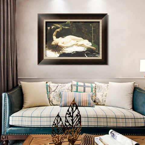 INVIN ART Framed Canvas Art Giclee Print Donna con pappagallo (1866) by Gustave Courbet Wall Art Living Room Home Office Decorations