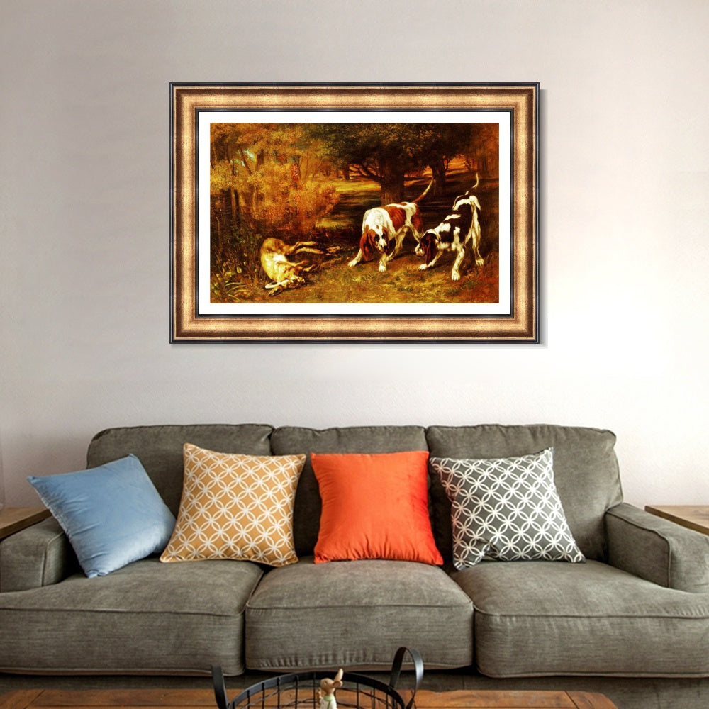 INVIN ART Framed Canvas Art Giclee Print Hunting Dogs by Gustave Courbet Wall Art