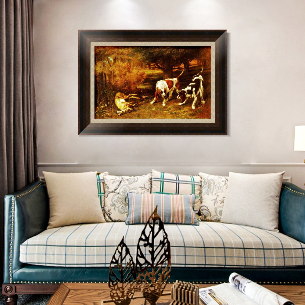INVIN ART Framed Canvas Art Giclee Print Hunting Dogs by Gustave Courbet Wall Art