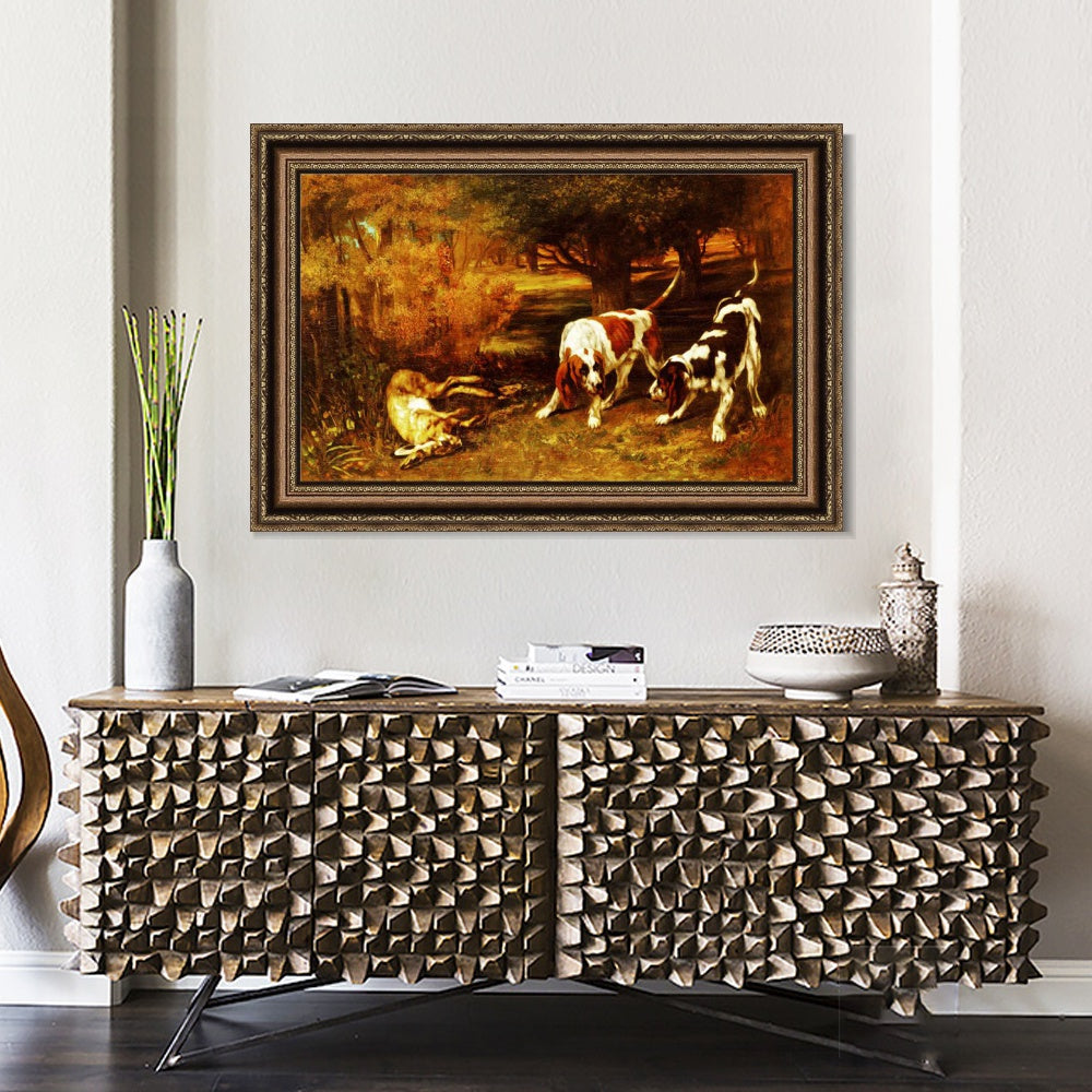 INVIN ART Framed Canvas Art Giclee Print Hunting Dogs by Gustave Courbet Wall Art