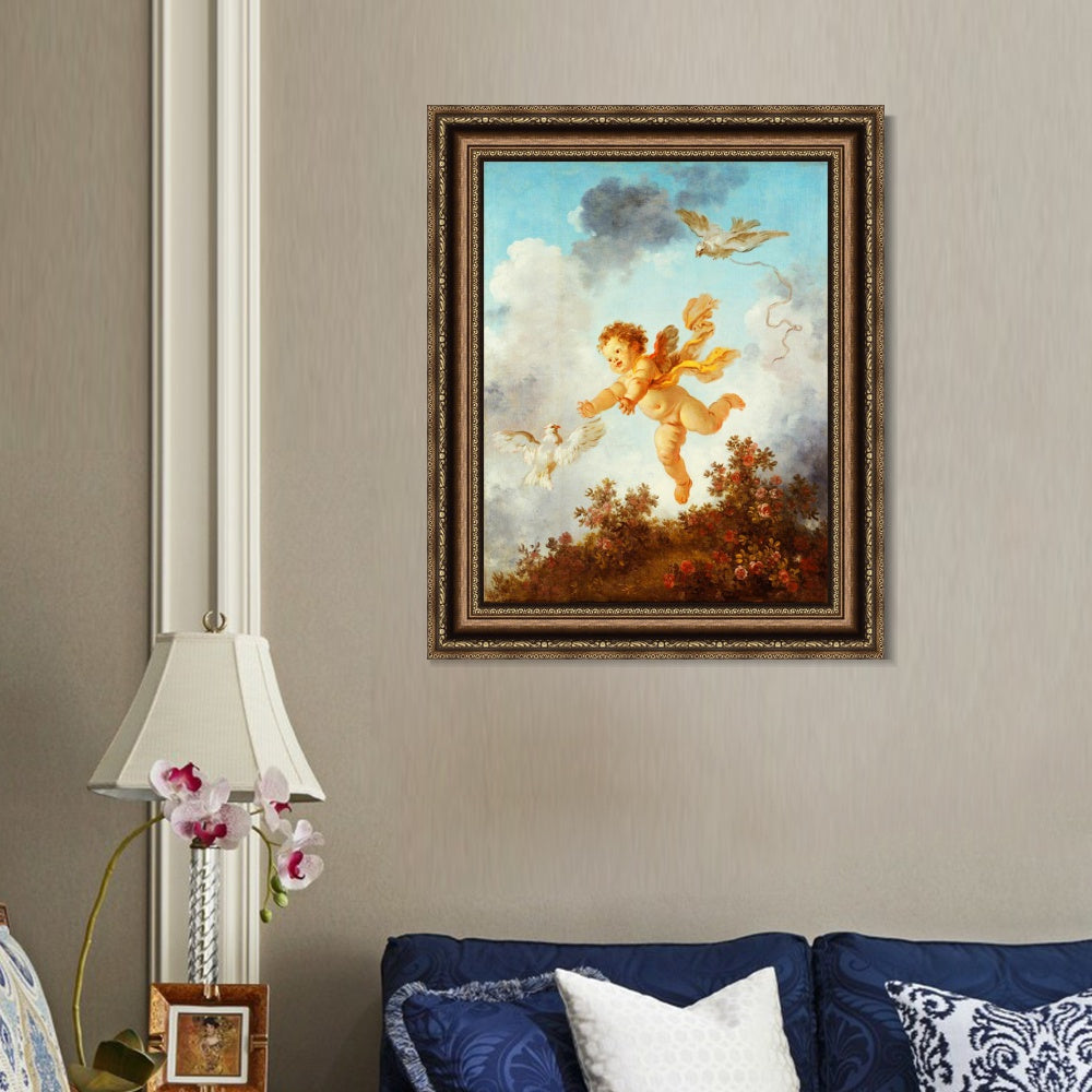 INVIN ART Framed Canvas Art Giclee Print Love Pursuing a Dove, 1790 by Jean Honore Fragonard Wall Art Living Room Home Office Decorations