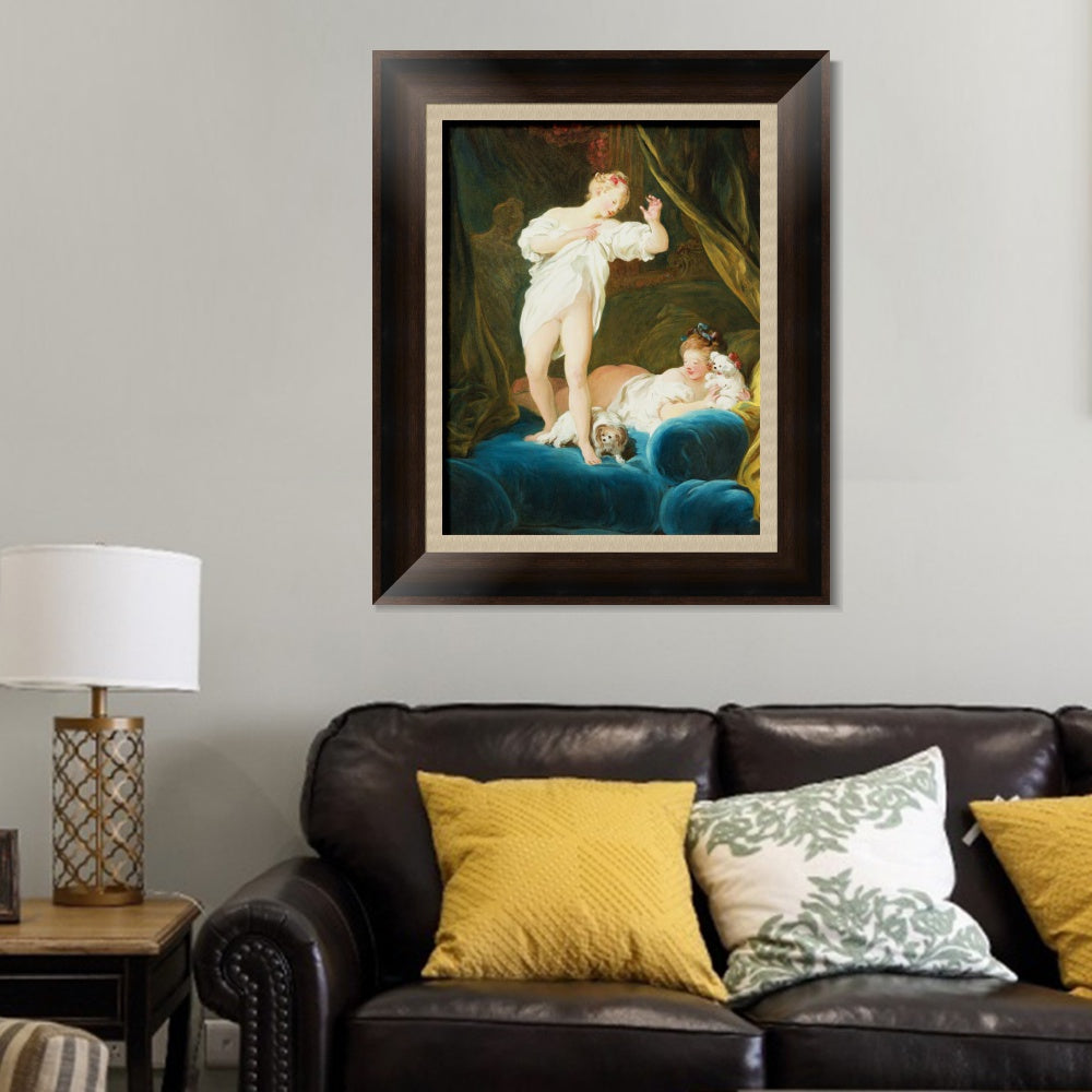 INVIN ART Framed Canvas Art Giclee Print TWO GIRLS ON A BED PLAYING WITH THEIR DOGS by Jean Honore Fragonard Wall Art Living Room Home Office Decorations