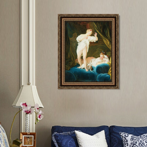 INVIN ART Framed Canvas Art Giclee Print TWO GIRLS ON A BED PLAYING WITH THEIR DOGS by Jean Honore Fragonard Wall Art Living Room Home Office Decorations