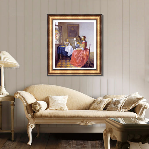 INVIN ART Framed Canvas Art Giclee Print A Lady and Two Gentlemen by Johannes Vermeer Wall Art Living Room Home Office Decorations