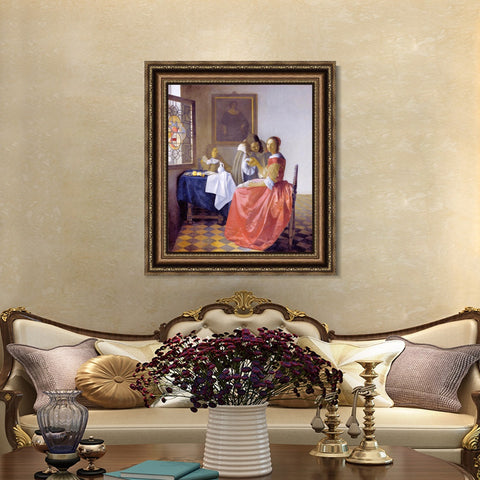 INVIN ART Framed Canvas Art Giclee Print A Lady and Two Gentlemen by Johannes Vermeer Wall Art Living Room Home Office Decorations