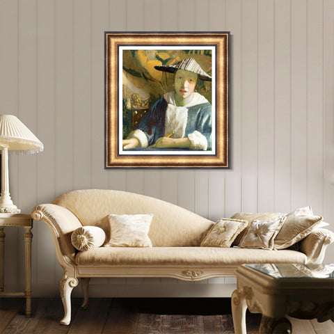 INVIN ART Framed Canvas Art Giclee Print Young Girl with a Flute by Johannes Vermeer Wall Art Living Room Home Office Decorations