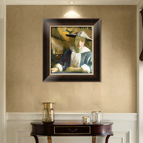 INVIN ART Framed Canvas Art Giclee Print Young Girl with a Flute by Johannes Vermeer Wall Art Living Room Home Office Decorations