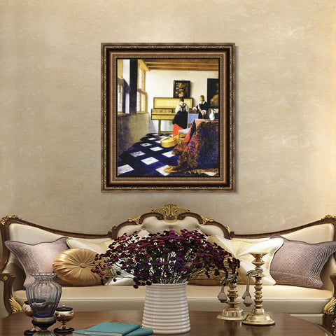 INVIN ART Framed Canvas Art Giclee Print The Music Lesson by Johannes Vermeer Wall Art Living Room Home Office Decorations