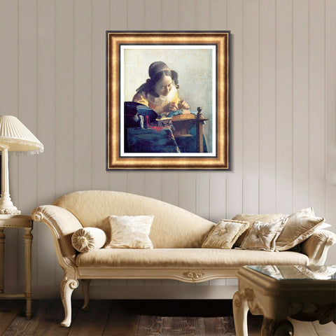 INVIN ART Framed Canvas Art Giclee Print The Lacemaker by Johannes Vermeer Wall Art Living Room Home Office Decorations