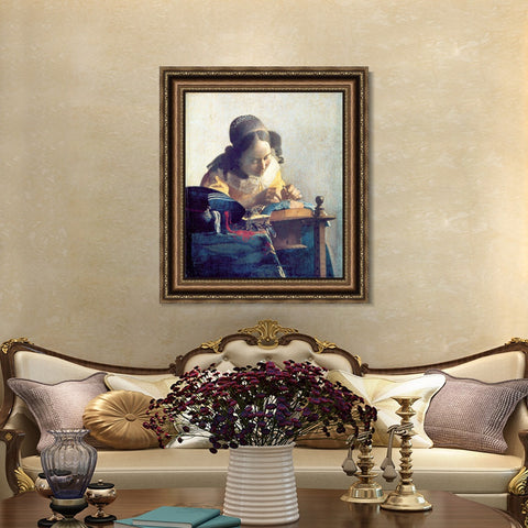 INVIN ART Framed Canvas Art Giclee Print The Lacemaker by Johannes Vermeer Wall Art Living Room Home Office Decorations