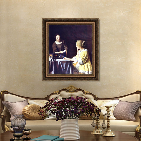 INVIN ART Framed Canvas Art Giclee Print Lady with Her Maidservant Holding a Letter by Johannes Vermeer Wall Art Living Room Home Office Decorations