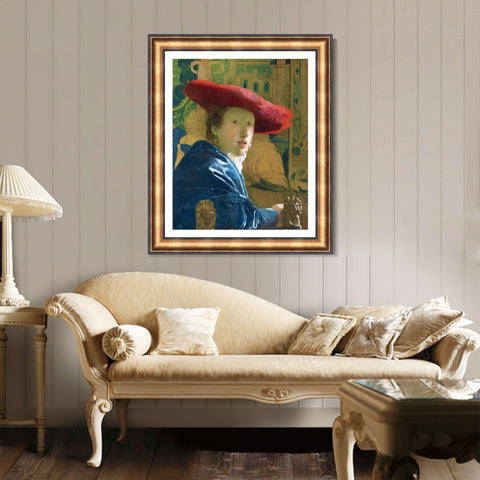INVIN ART Framed Canvas Art Giclee Print Girl with a Red Hat by Johannes Vermeer Wall Art Living Room Home Office Decorations