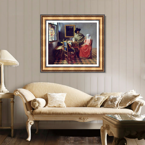 INVIN ART Framed Canvas Art Giclee Print The Glass of Wine by Johannes Vermeer Wall Art Living Room Home Office Decorations