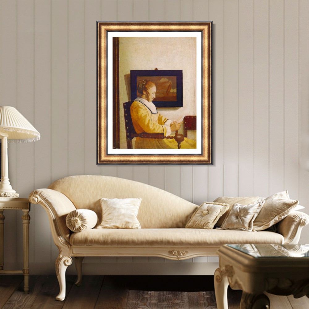 INVIN ART Framed Canvas Art Giclee Print A Young Woman Reading by Johannes Vermeer Wall Art Living Room Home Office Decorations