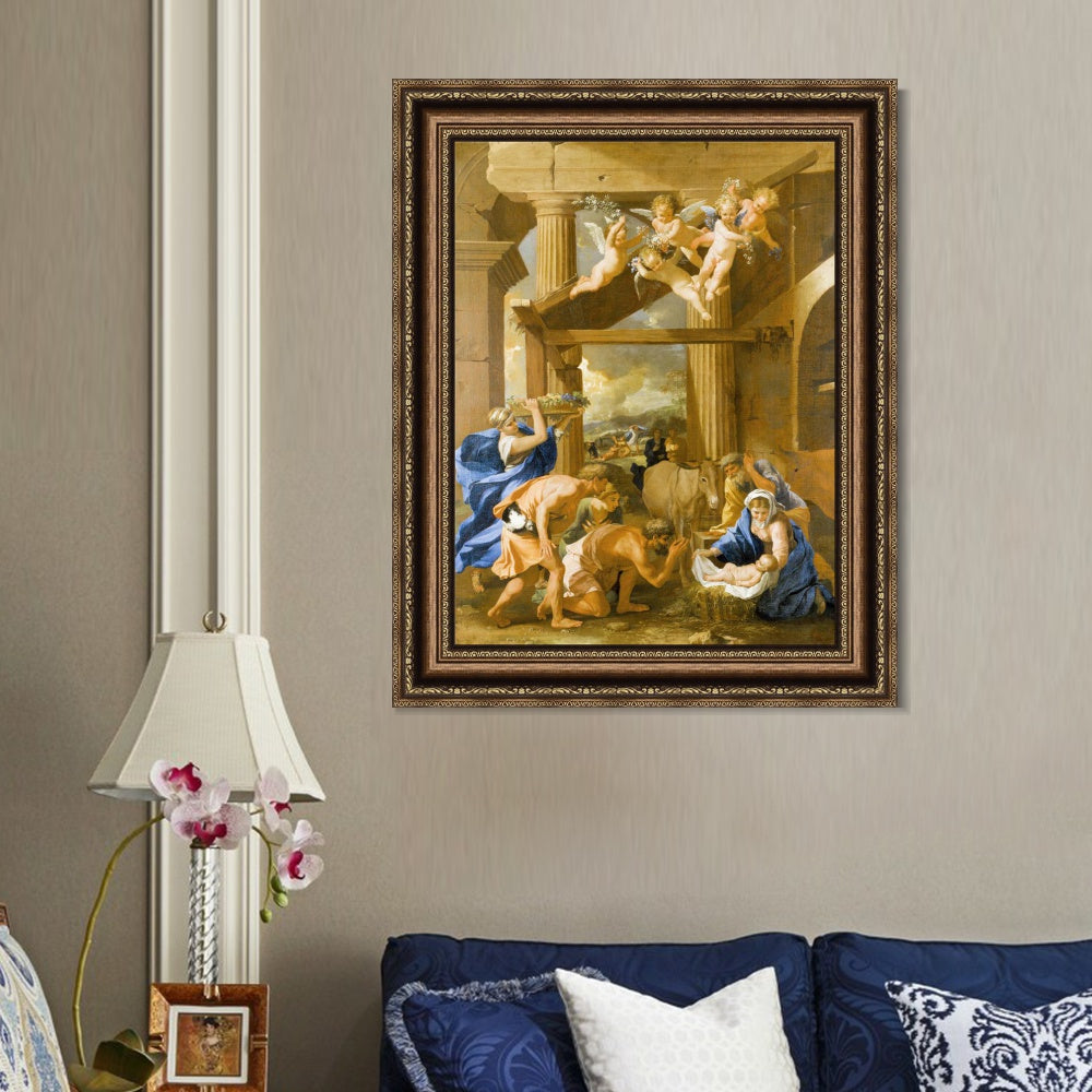 INVIN ART Framed Canvas Art Giclee Print The Adoration of the Shepherds, 1633 by Nicolas Poussin Wall Art Living Room Home Office Decorations