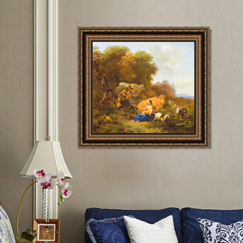 INVIN ART Framed Canvas Art Giclee Print A Peasant playing a Hurdy-Gurdy to a Woman and Child by Nicolas Poussin