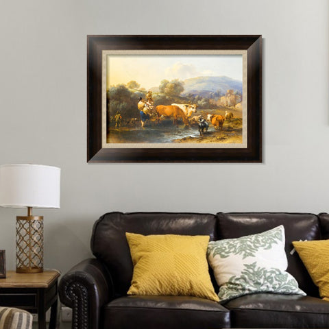 INVIN ART Framed Canvas Art Giclee Print Peasants with Cattle fording a Stream by Nicolas Poussin Wall Art Living Room Home Office Decorations
