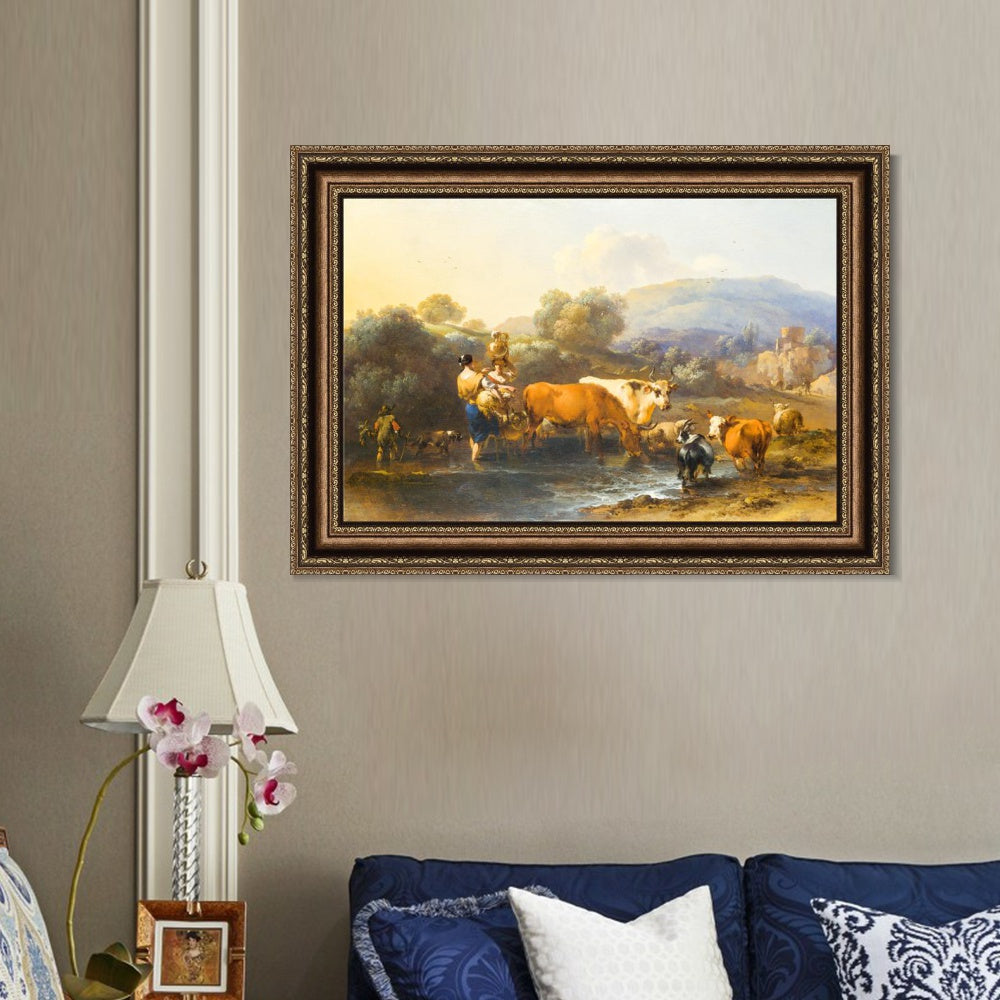 INVIN ART Framed Canvas Art Giclee Print Peasants with Cattle fording a Stream by Nicolas Poussin Wall Art Living Room Home Office Decorations